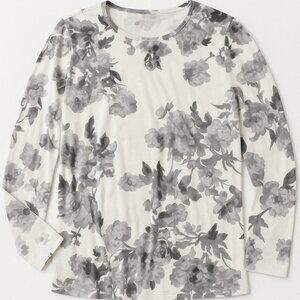 J Jill T Shirt Top Womens Medium Long Sleeve Gray Floral Print 100% Pima Cotton